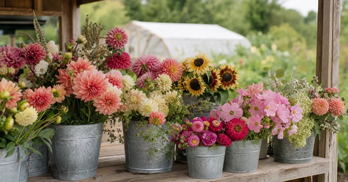 Armfuls of locally grown, seasonal eco-friendly flowers — dahlias, cosmos, and foliage — gathered in galvanized buckets at a flower farm stand