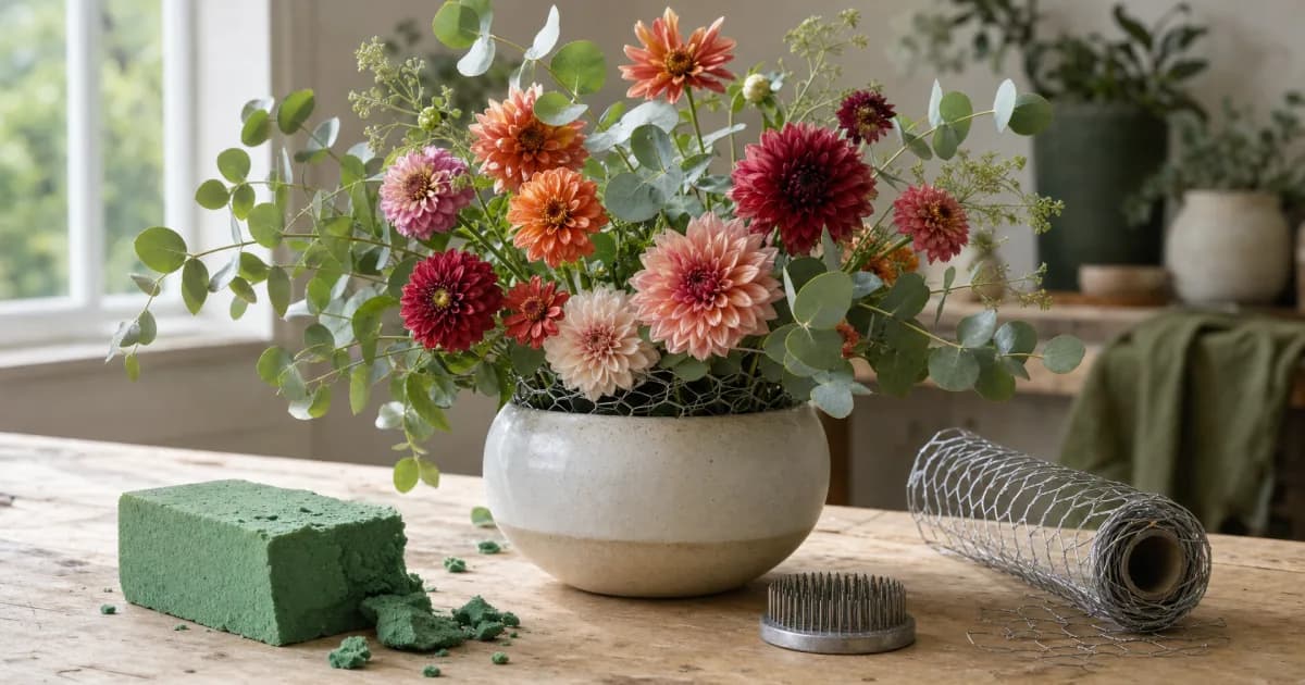 A foam-free flower arrangement held in a ceramic vase with chicken wire, beside a metal pin frog and crumbling green floral foam — sustainable alternatives to floral foam